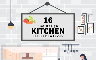 16 Кухня з меблями фон Векторні ілюстрації