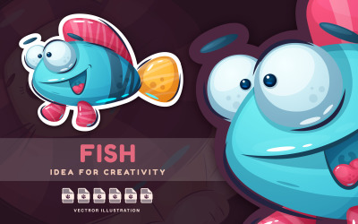Tecknad karaktär djur söt fisk - söt klistermärke, grafisk illustration