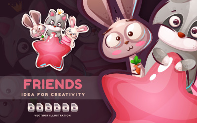 Mapache, conejo y conejito - Linda pegatina, ilustración gráfica