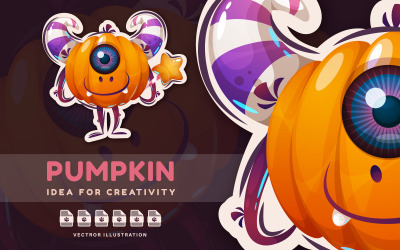 Halloween-pompoen met toverstaf - Leuke sticker, grafische illustratie