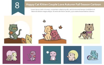 8 Happy Cat Kattunge Par Love Autumn Fall Season Cartoon Illustration