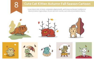 8 Söt katt kattunge höst höst säsong tecknad illustration