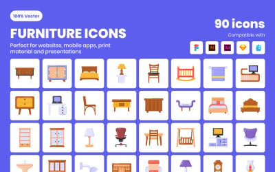 100 иконок плоской мебели