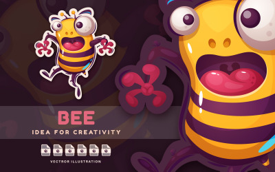 Kreslená postavička Crazy Bee - roztomilá nálepka, grafické ilustrace