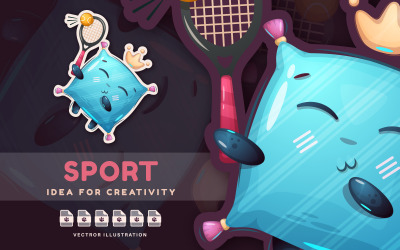 Schattig kussen speelt tennis - Leuke sticker, grafische illustratie