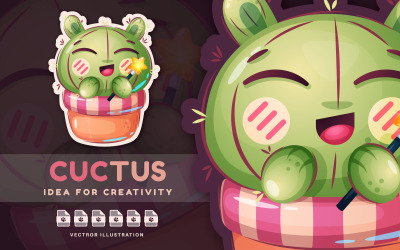 Gelukkige Cactus Met Toverstaf - Leuke Sticker, Grafische Illustratie