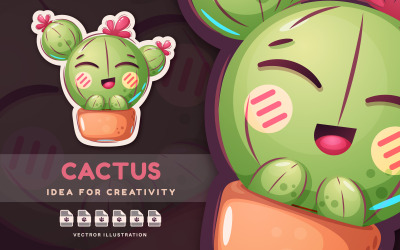 Grappige Cactus Met Roze Bloem - Leuke Sticker, Grafische Illustratie