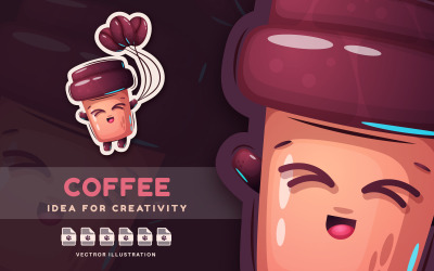 Vrolijke Сoffee vliegt op bal - schattige sticker, grafische illustratie