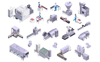 Conceito de ilustração vetorial conjunto isométrico de produção de alimentos enlatados
