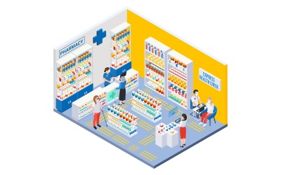 Modern Pharmacy Store Isometric Set Vector Illustration Concept