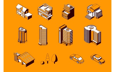 City Buildings Isometric Monochrome Set Vector Illustration Concept