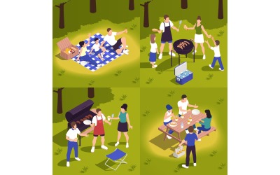 Családi piknik barbecue izometrikus vektoros illusztráció koncepció
