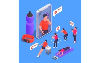 Online Fitness Workout Yoga At Home Isometric 4 Vector Illustration Concept