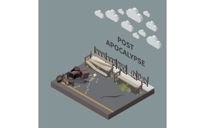 Post Apocalypse City izometrikus vektoros illusztráció koncepció
