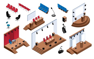 İzometrik Konferans Salonu Sahne Sunum Tribün Kümesi Vektör Çizim Kavramı
