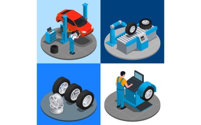 Conceito de ilustração vetorial isométrica 5 do serviço de produção de pneus
