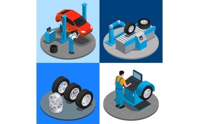 Služba výroby pneumatik izometrické 5 vektorové ilustrace koncept