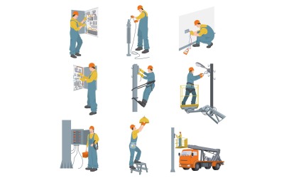 Elektrische arbeiders Flat Set 2 Vector Illustratie Concept