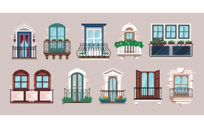 Balcony Horizontal Set Vector Illustration Concept