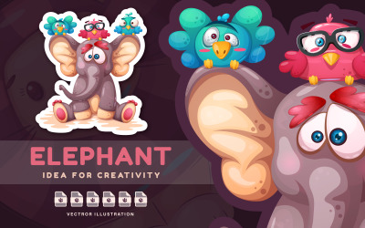 Éléphant avec des oiseaux d'amis - autocollant mignon, illustration graphique
