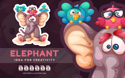 Elephant With Friends Birds - Cute Sticker, Graphics Illustration