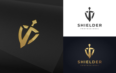 Modello di logo scudo spada creativa