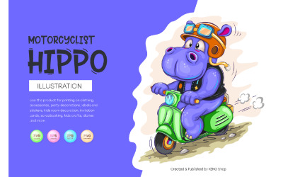 Motocycliste hippopotame de dessin animé.
