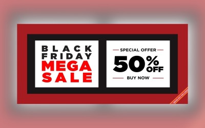 流畅的黑色星期五销售横幅，栗色和黑色背景设计模板可享受 50% 的折扣