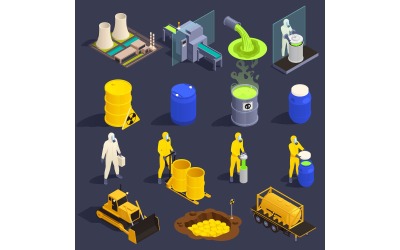 Toxic Waste Nuclear Chemical Pollusion Biohazard Isometric Set Vector Illustration Concept