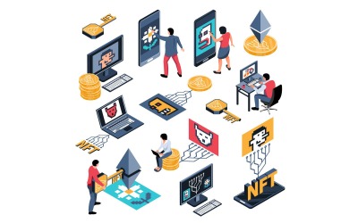 Isométrica Crypto Art Nft Set Vector Illustration Concept