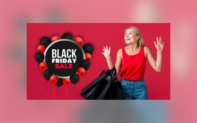 Plantilla de Black Friday Big Sale Banner Hand Bags Globo negro y rojo con fondo de color rojo
