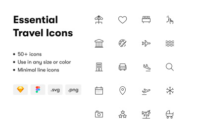 Conjunto de ícones de viagens essenciais - elementos de interface do usuário, comida, viagem, ao ar livre, esboço, Figma, SVG, PNG, gráficos