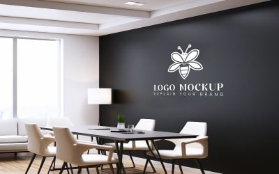 Знак макета логотипа на черной стене офиса в конференц-зале Psd