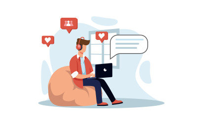 Boy Chatting In Laptop At Home Free Illustration Concept Vector