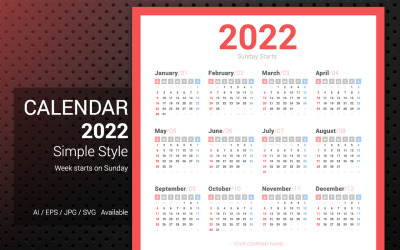 Calendario simple 2022 Planificador de inicios de domingo