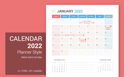 Дизайн-планировщик календаря на 2022 год [воскресенье]