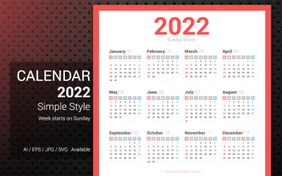 2022 Simple Calendar Sunday Starts Planner