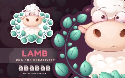 Cartoon Character Animal Sheep in Leaf - Sticker, Graphics Illustration