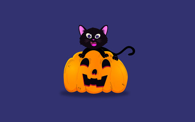 Gatinho feliz na abóbora de Halloween - vetor
