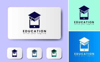 Conceito de modelo de design de logotipo de educação online para celular e chapéu