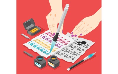 Hobby Calligraphy Isometric Background 210130116 Vector Illustration Concept