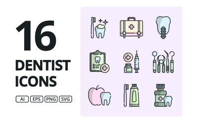 Iconos de dentista con variaciones de contorno, color y tono dual