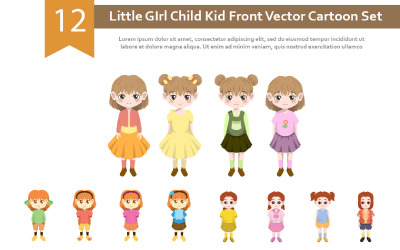 12 Little GIrl Child Kid Front Vector Cartoon Set Ilustración