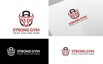 Logo de gym fort avec kettlebell et taureau