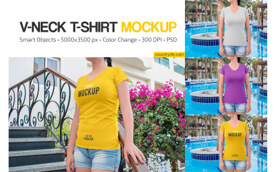 Damen Slim-Fit T-Shirt mit V-Ausschnitt Mockup-Set