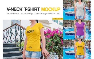 Kadın Dar Kesim V Yaka Tişört Mockup Seti