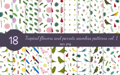 Perroquets et fleurs tropicales Seamless Pattern Collection Vol.1