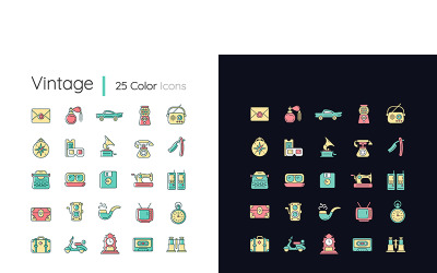 Conjunto de ícones de cores RGB de tema claro e escuro de estilo vintage