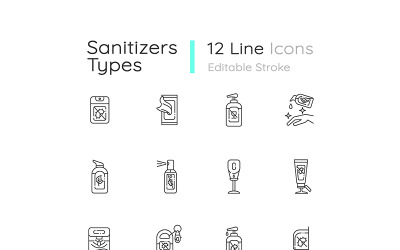 Conjunto de ícones lineares de tipos de desinfetante