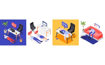 Burn-Out Syndrome Isometric Icons 4X1 201030111 Vector Illustration Concept